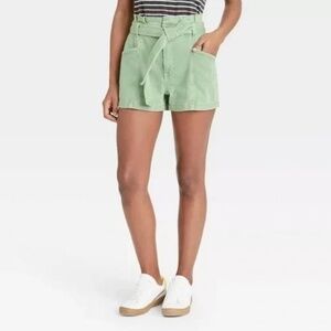 Universal Thread Jean High Rise Paperbag Shorts Belted Green